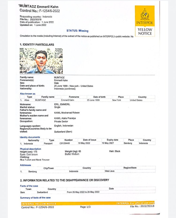 Polri: Interpol Telah Terbitkan Yellow Notice Pencarian Anak Ridwan Kamil